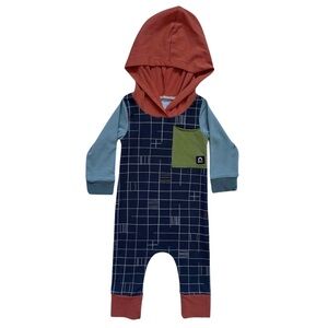 RAGS Long Sleeve Hooded Romper - Navy Grid & Colour block size 3-6M